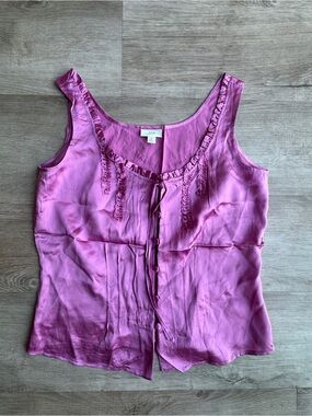 J.Jill 100% Silk Y2K Cottagecore Ruffle Cami Top button Blouse sz 4 Fuschia